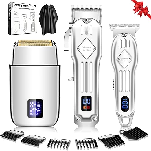 Hair Clippers For Men & Electric Shavers Professional Barber Hair Cutting Kit (Silver)