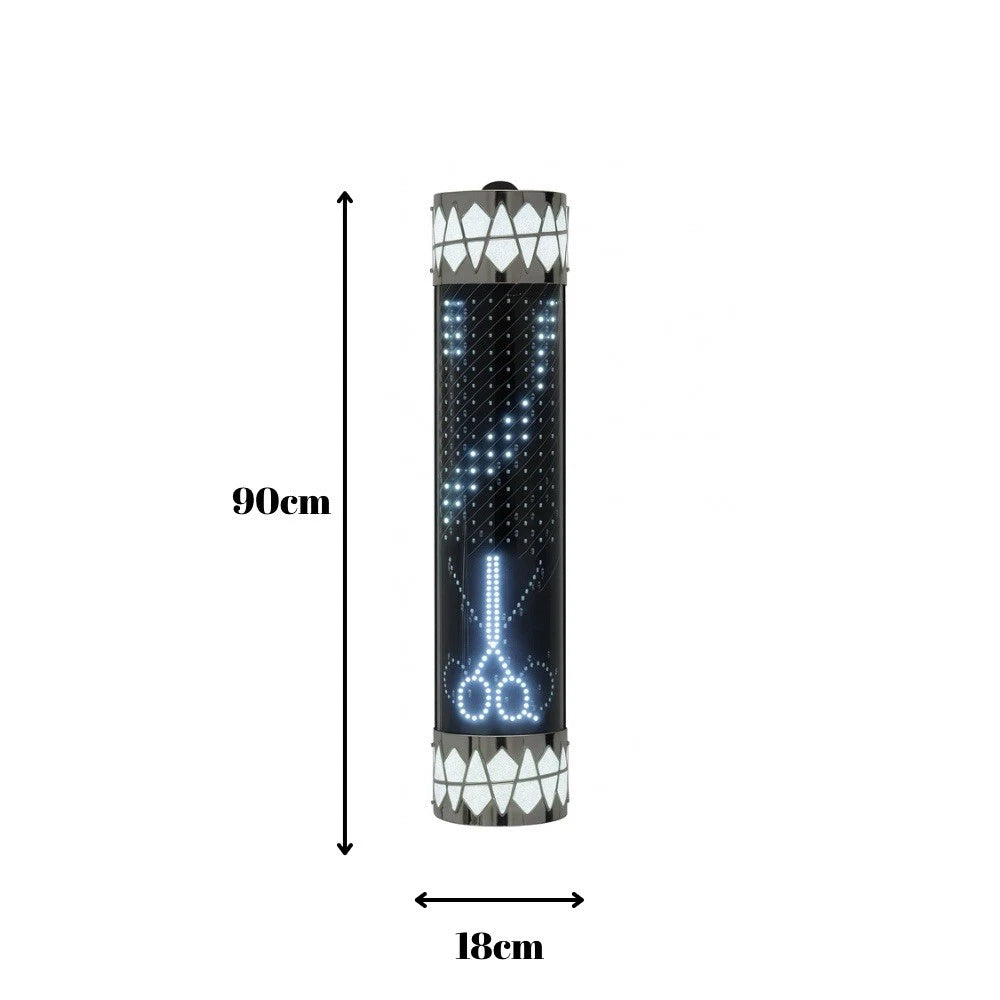BARBER POLE 90CM HIGH SILVER CASE LED SPIN BARBERSHOP